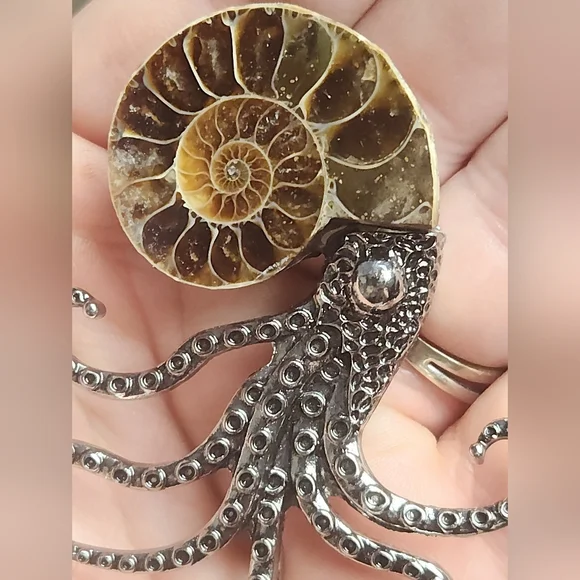 Ammonite Fossil Shell Octopus Brooch | Nautical Statement Pin | Ocean Gothic Jew - Picture 2 of 9
